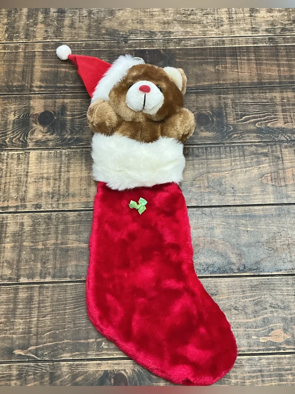Vintage Teddy Bear Plush Christmas Stocking with Red Nose by Romeris Luvable